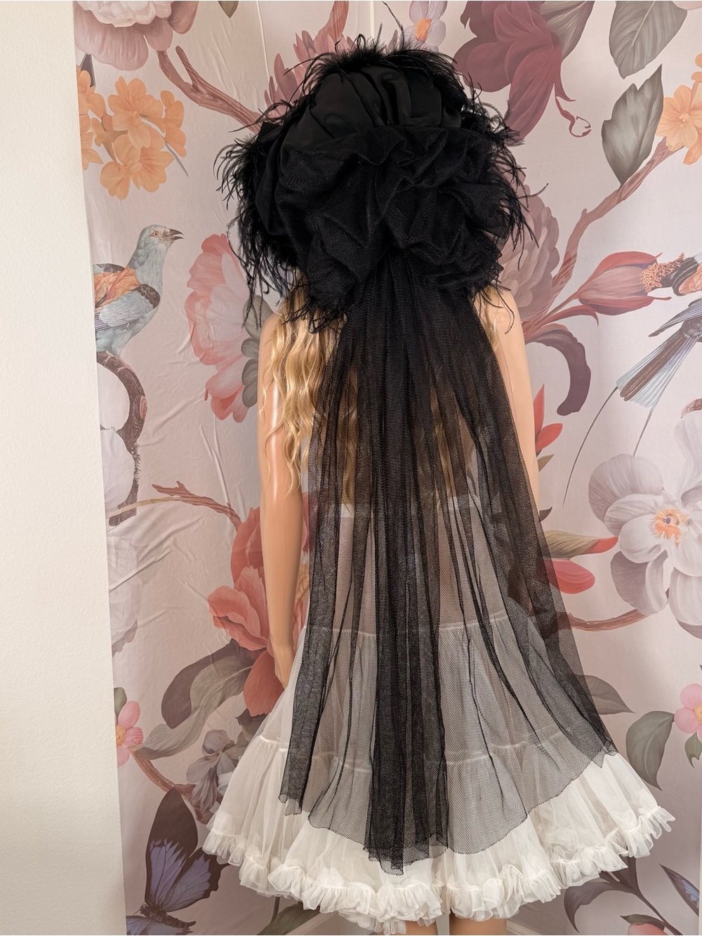 Victorian Black Hat with a Veil,  Feathers and Layered Tulle